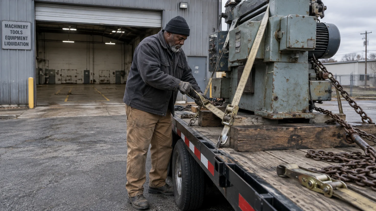 A man straps heavy industrial machinery onto a flatbed trailer outside a liquidation warehouse.