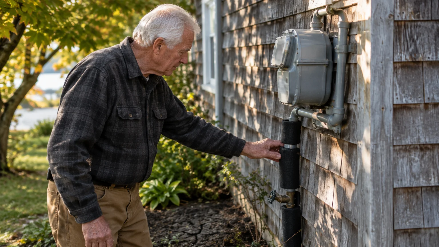 Senior man checking an insulated pipe beneath an outdoor utility meter mounted on a shingled house.