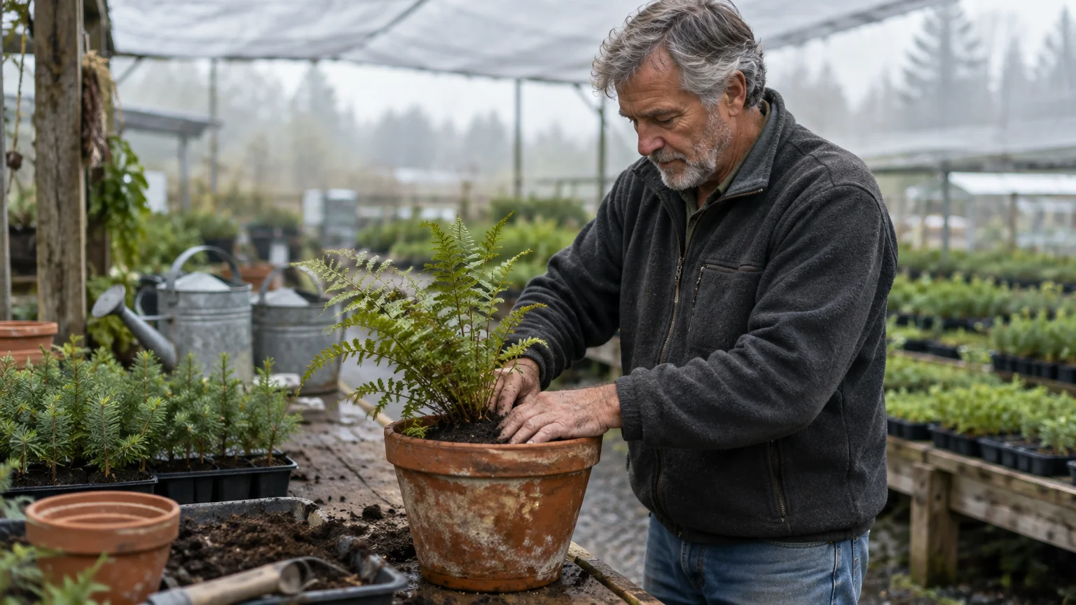 A mature man in a fleece jacket pots a green fern into a terracotta planter inside a greenhouse nursery.