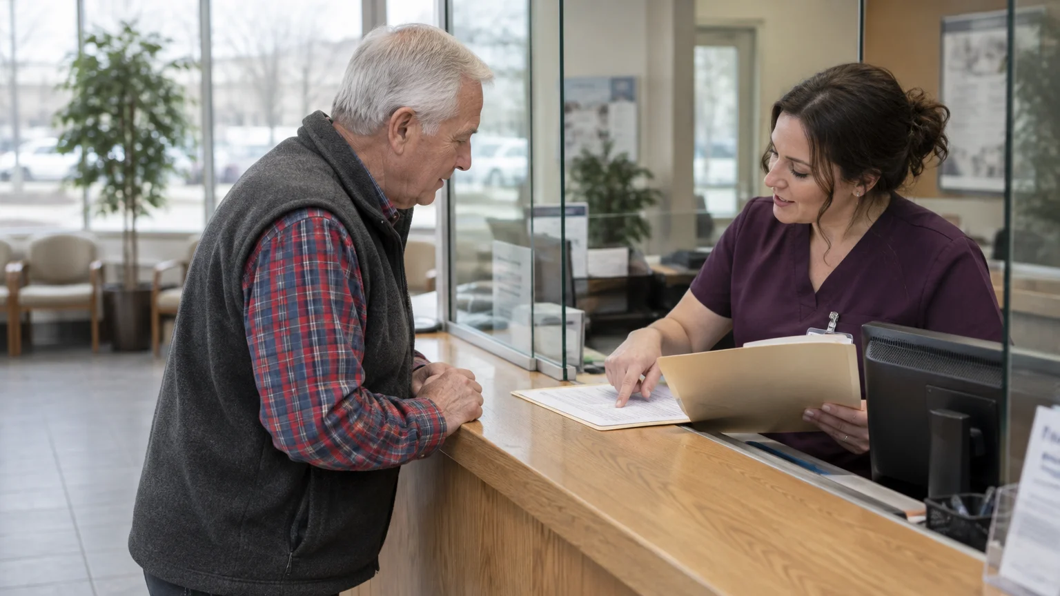 An older man speaks with a clinic receptionist in scrubs pointing at paperwork across a counter window.