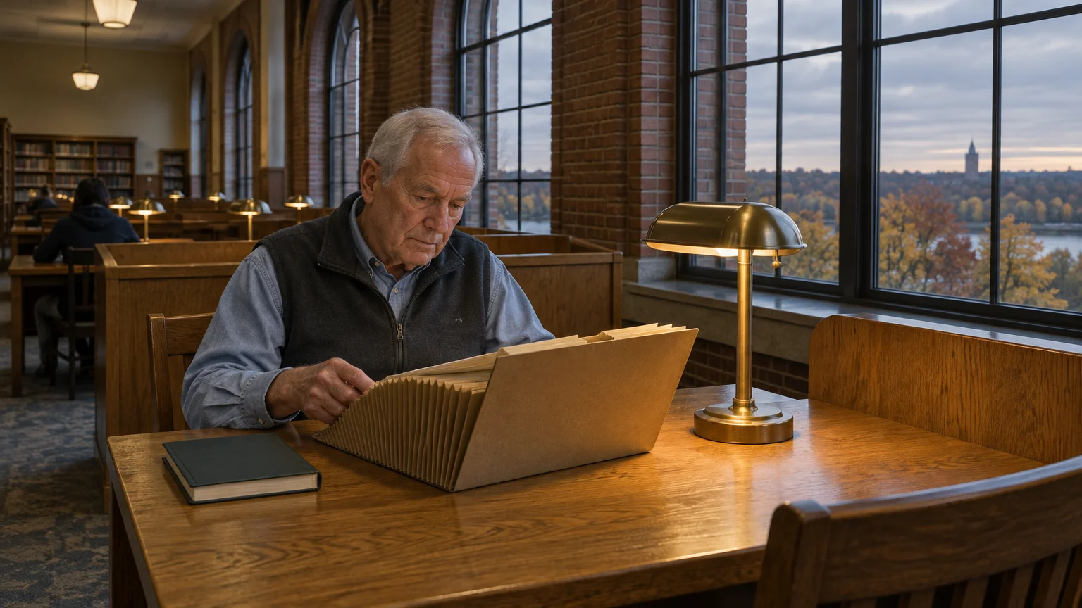 Senior man sitting at a wooden library carrel looking through an expanding file folder beside a brass desk lamp.