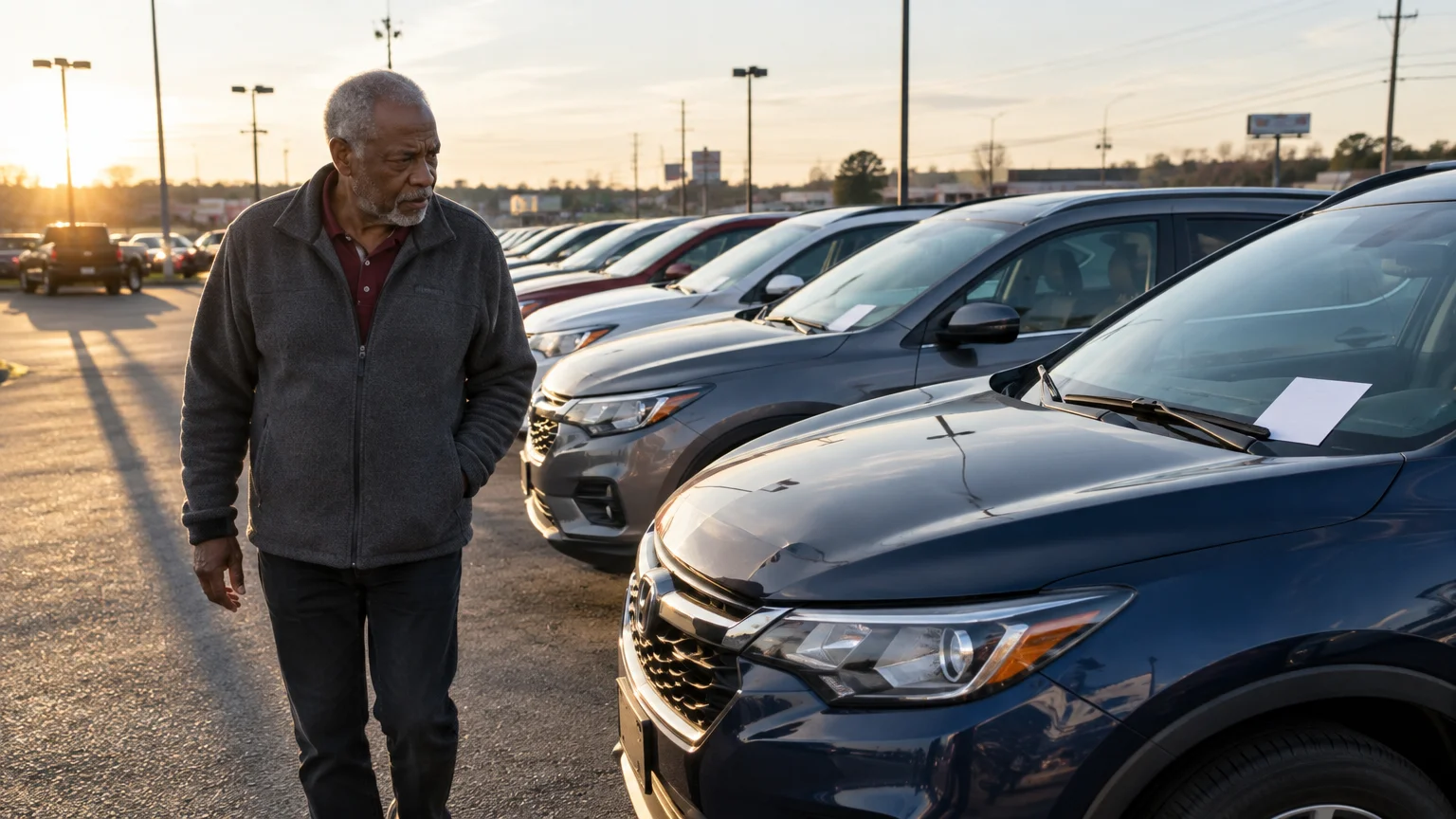 Older Black man in a fleece jacket walks past rows of parked cars on an outdoor dealership lot at sunset.