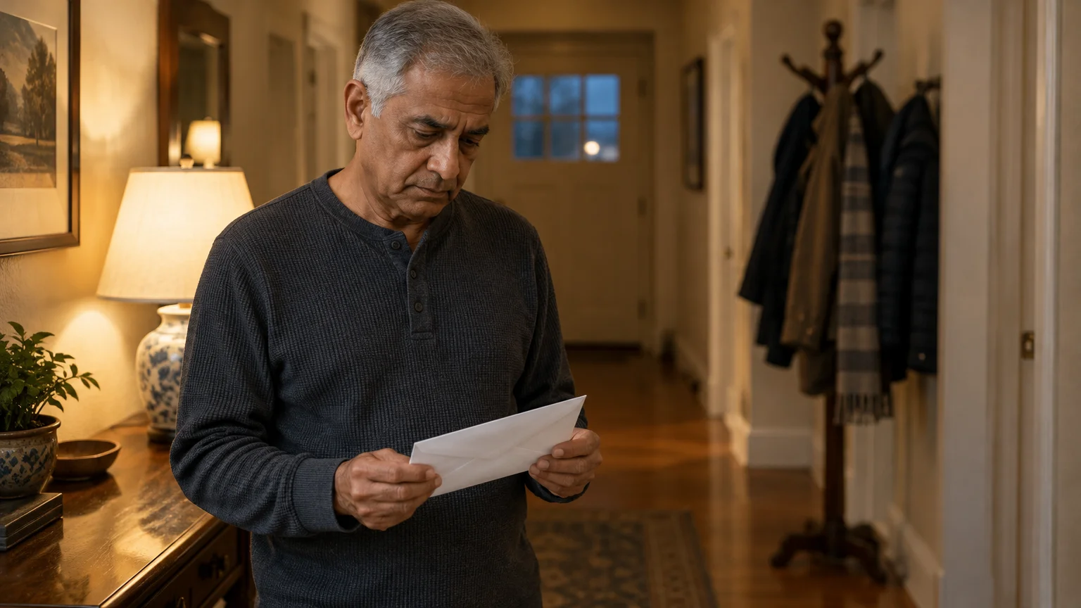 A middle-aged man stands in a dimly lit hallway holding a white envelope with a serious expression.