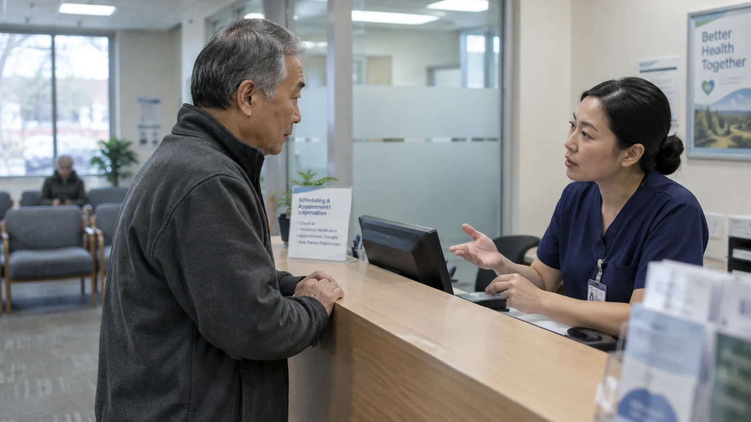 A senior man speaks with a medical receptionist in dark blue scrubs at a clinic check-in desk.
