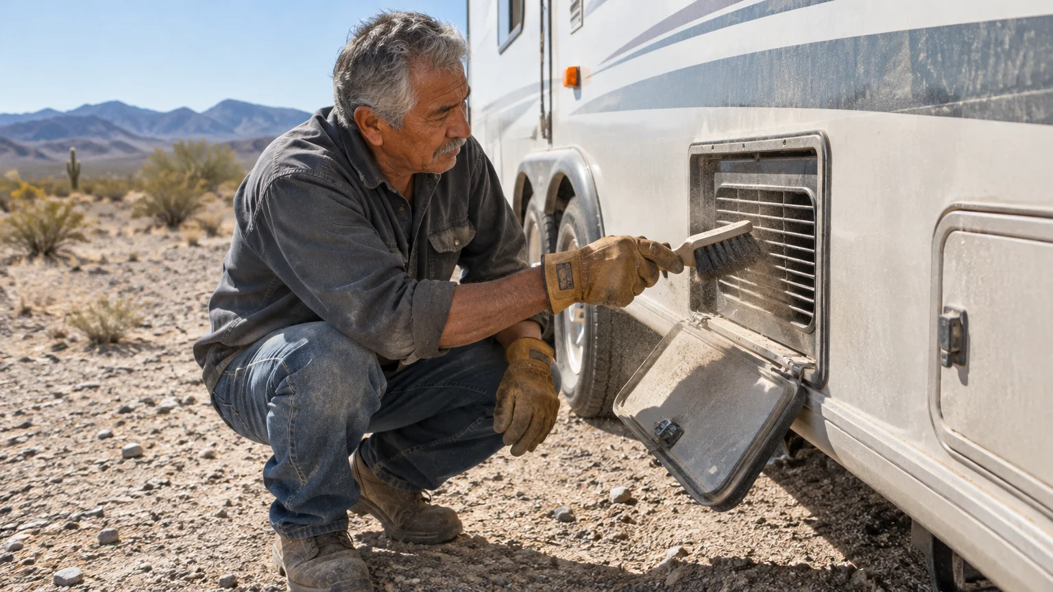 A man crouches outside an RV in a desert, using a brush to clean a vent compartment.