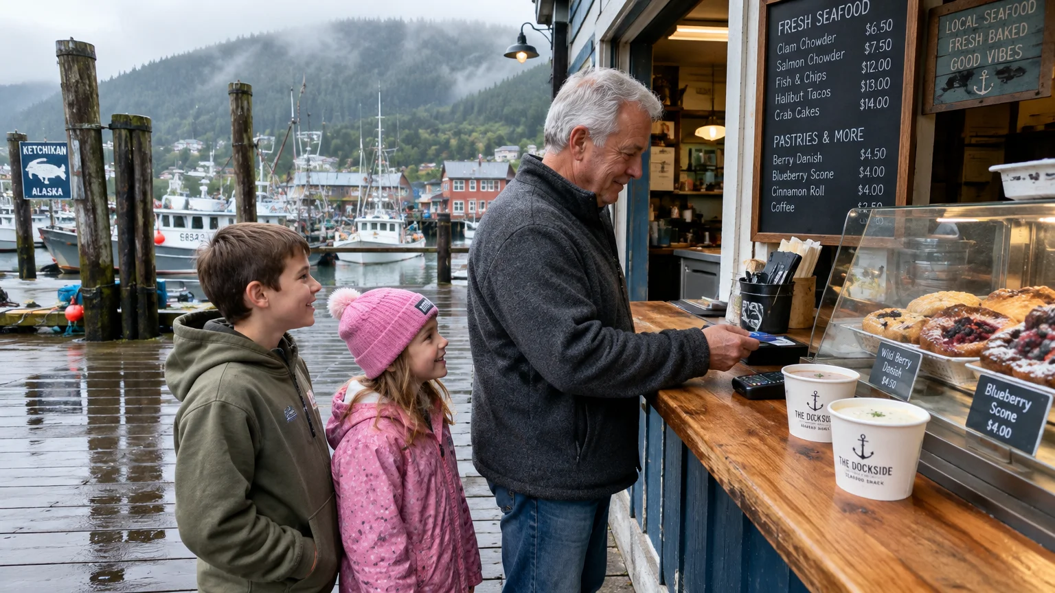 Grandfather and two young grandchildren buying food at an outdoor seafood and pastry stand on a Ketchikan harbor dock.