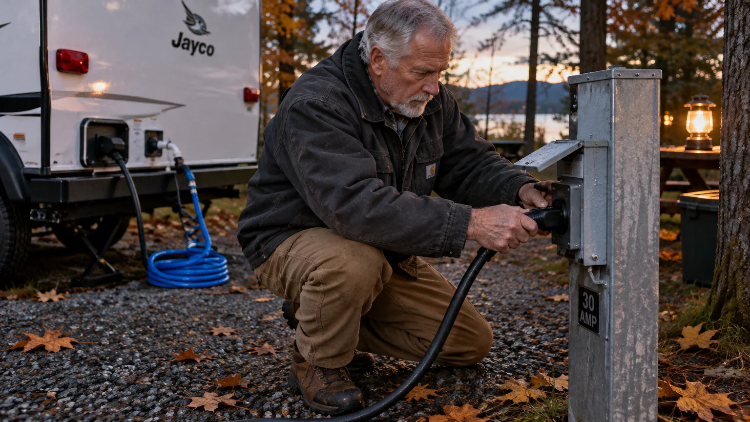 A man kneeling outdoors plugging a power cable from an RV into a 30-amp campsite electrical hookup pedestal.