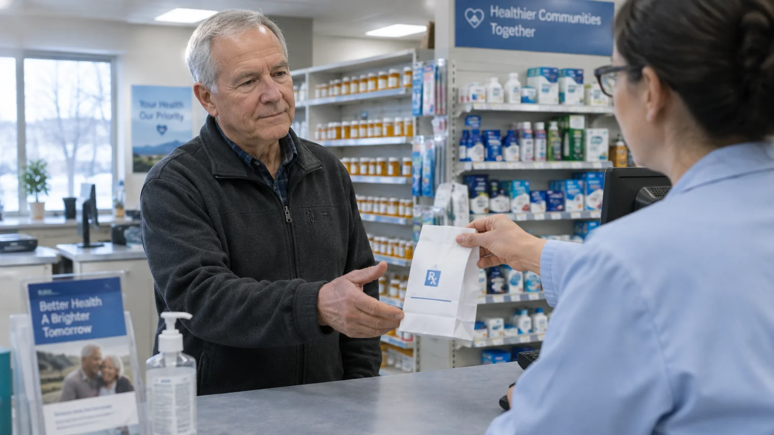 An older man in a fleece jacket receives a prescription bag from a pharmacist over a pharmacy counter.