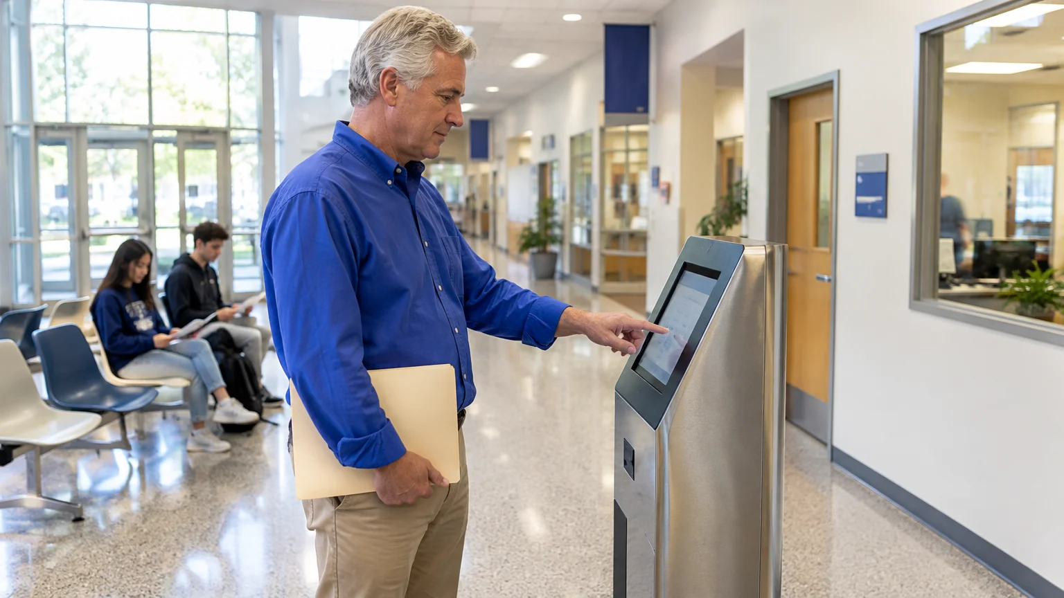 A mature man in a blue shirt holds a folder and touches the screen of an administrative kiosk in a college hallway.
