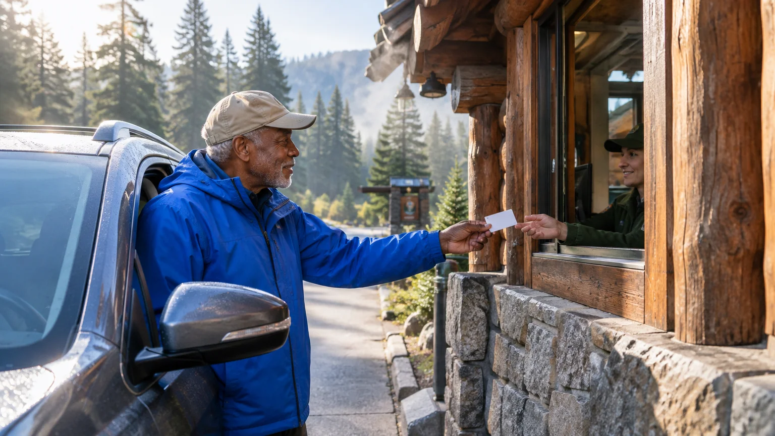 A senior man in a blue jacket hands a pass to a park ranger at a wooden entrance booth from his car.