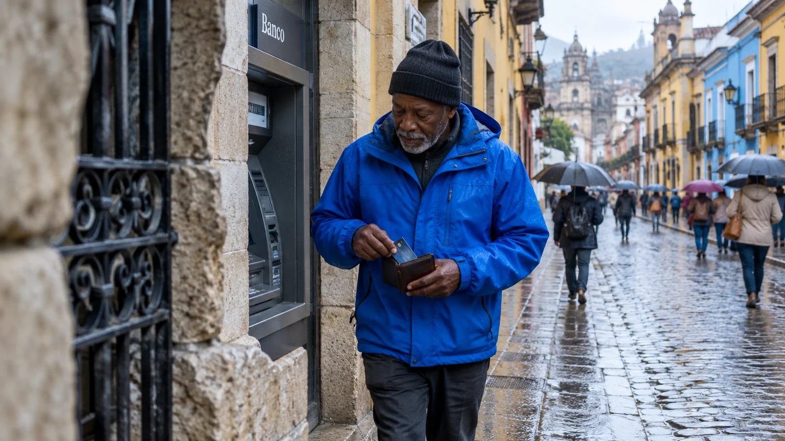 A man in a blue jacket pulls a card from his wallet while standing at an outdoor ATM along a wet street.