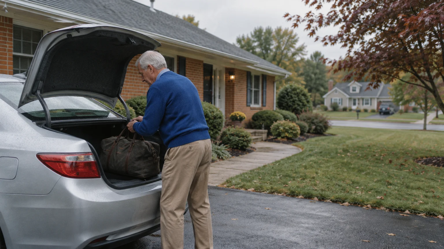 An older man in a blue sweater places a duffel bag into the open trunk of a silver sedan in a suburban driveway.
