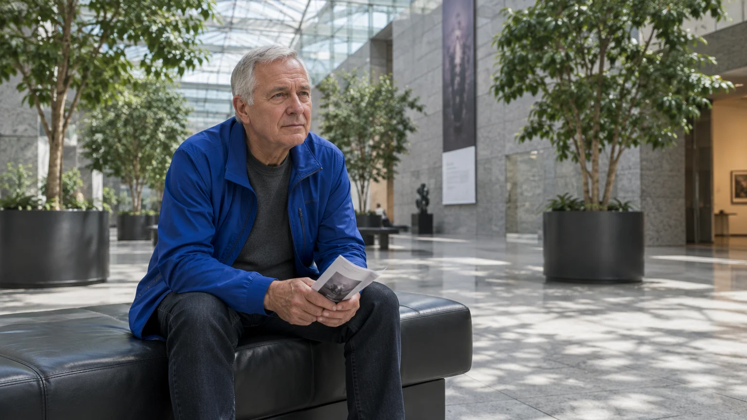 Senior man in a blue jacket sits on a black bench holding a brochure inside a spacious museum atrium with potted trees.