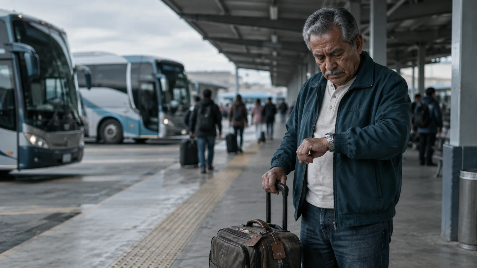Older man with mustache checks his wrist watch while holding luggage at an outdoor bus station platform.