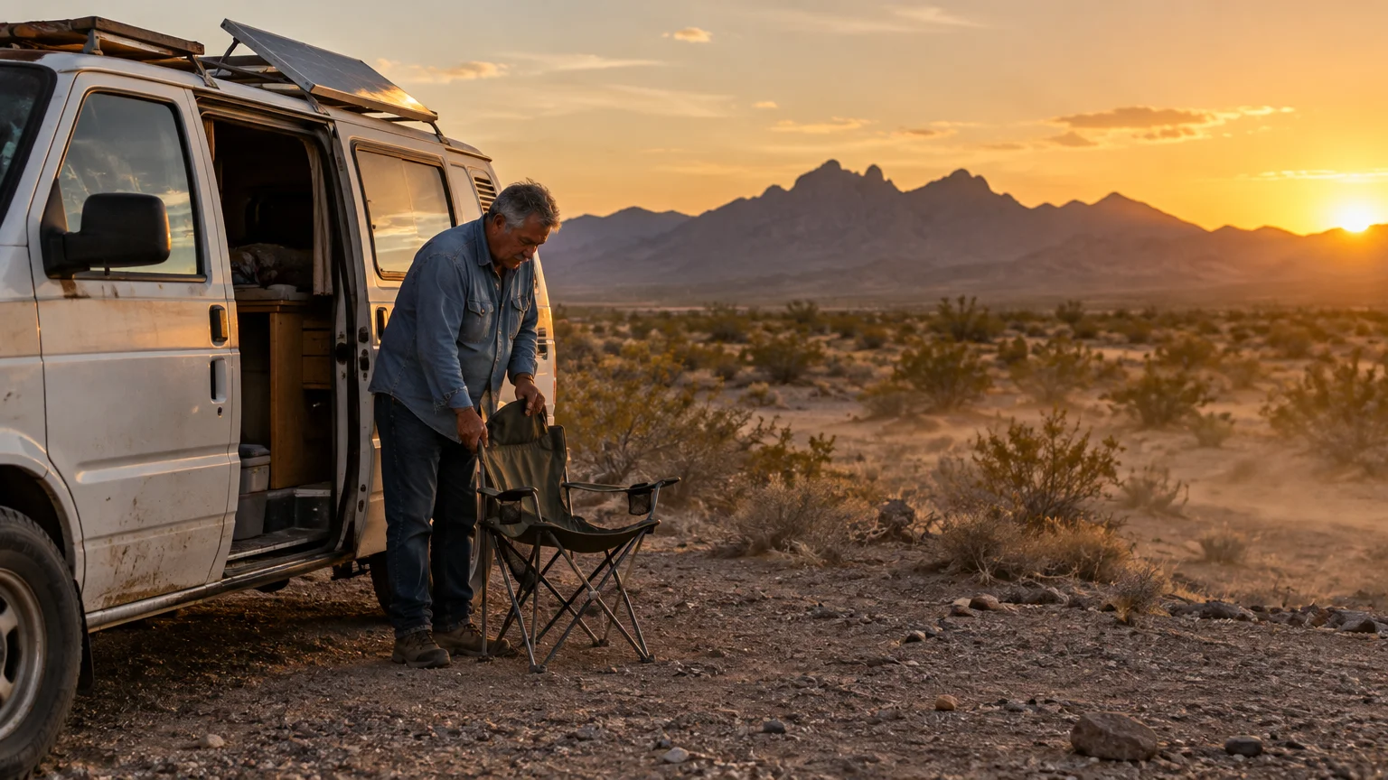A man sets up a folding chair beside a campervan with a rooftop solar panel in a desert landscape at sunset.