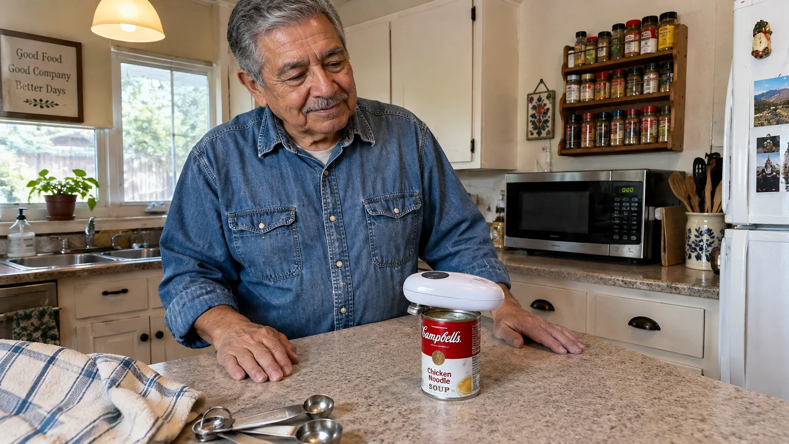 A senior man watches a small battery-operated electric can opener open a can of soup on a kitchen counter.