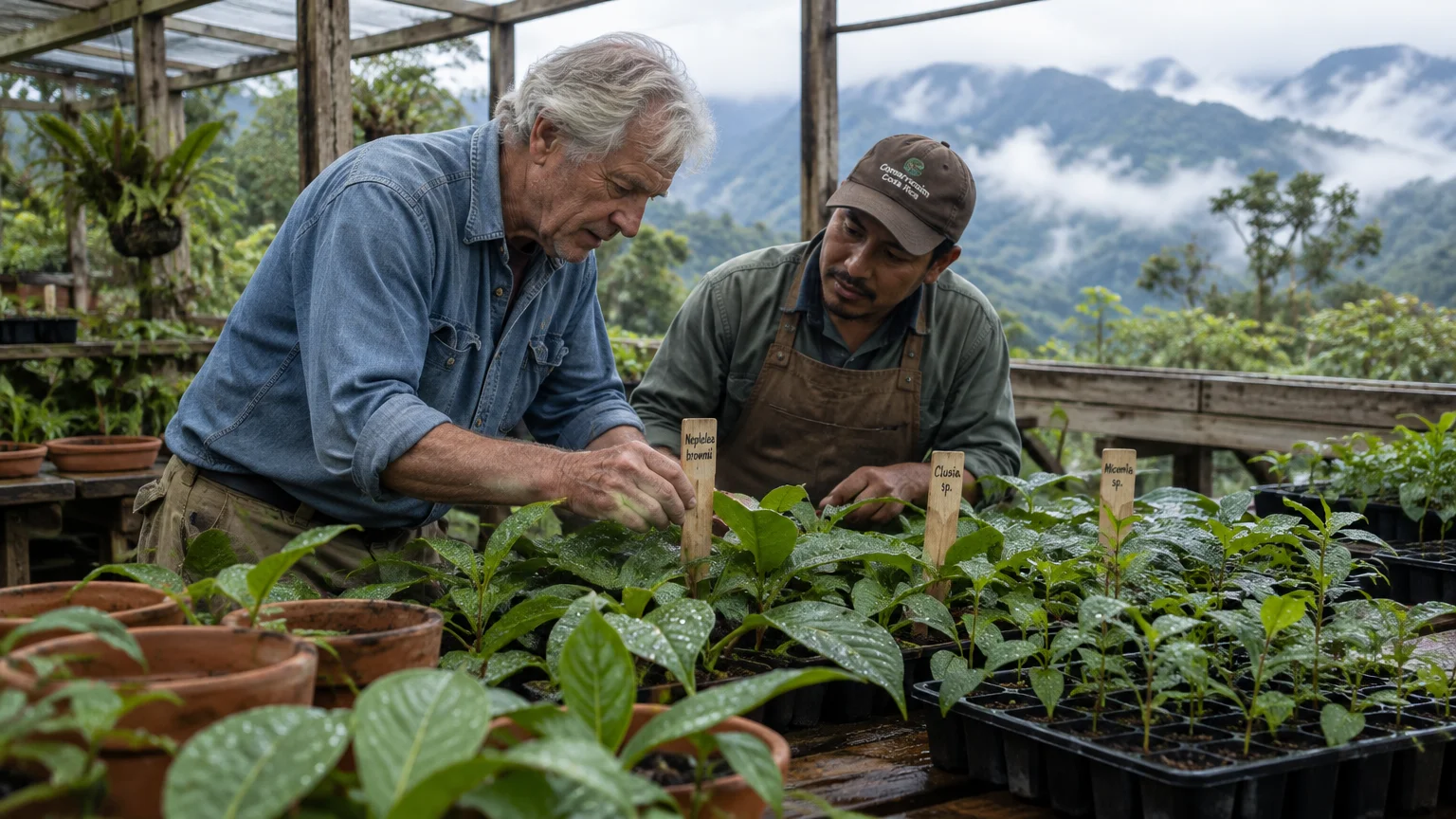 An older man and a local worker inspect potted plant seedlings inside a rustic nursery overlooking misty mountains.