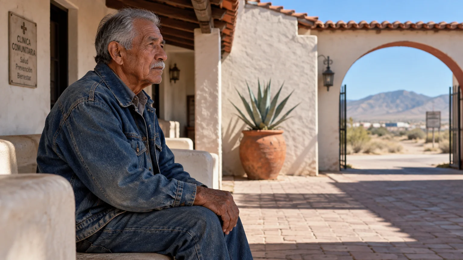 Senior man in a denim jacket sitting on a bench outside a stucco building near an archway overlooking desert mountains.