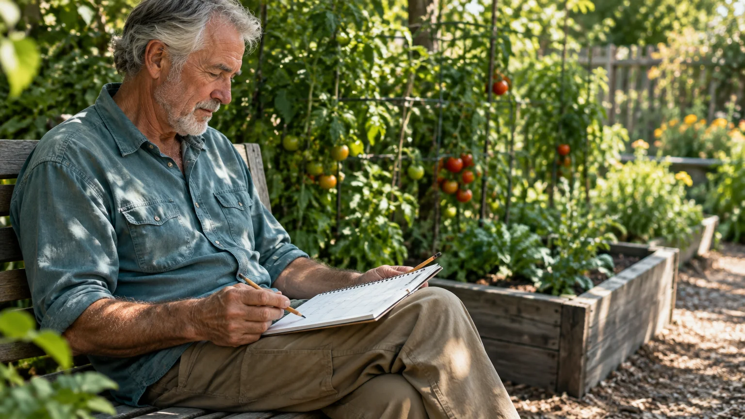 A senior man sits on a wooden bench in a garden, writing with a pencil in a notebook on his lap.