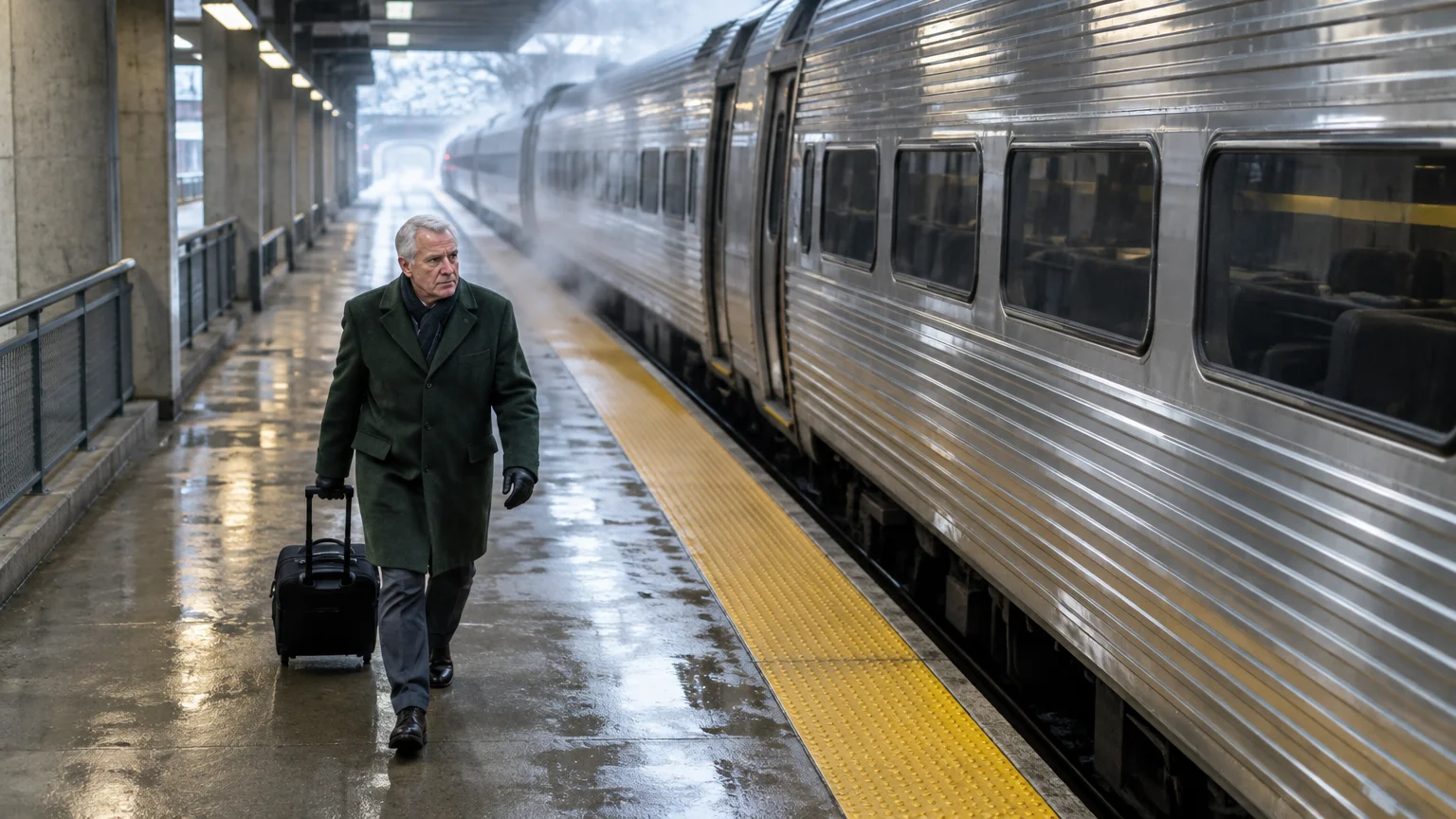 An older man in a green coat walks with rolling luggage along a wet train station platform next to a passenger train.