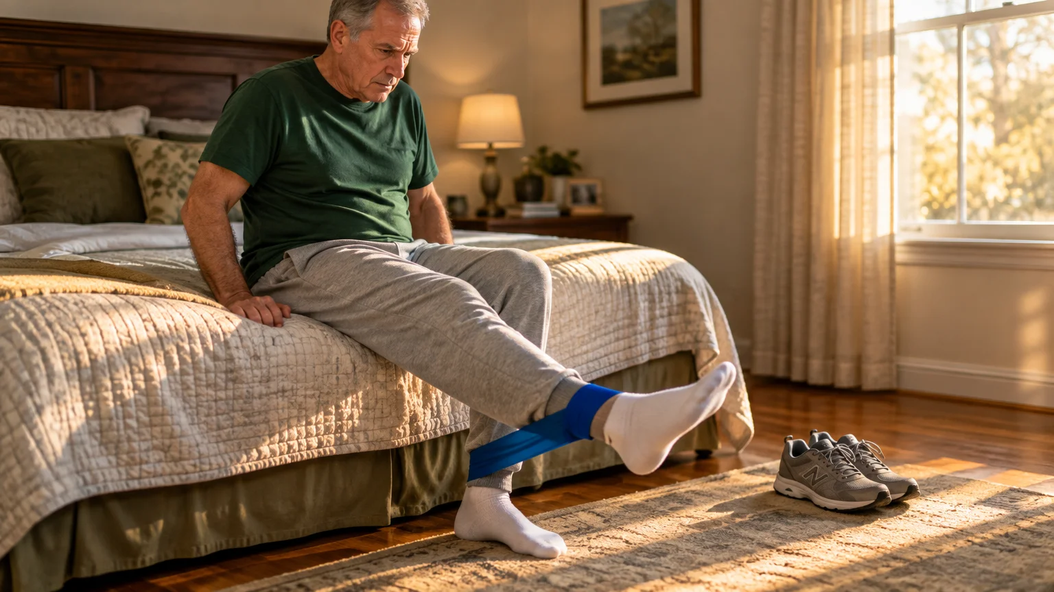 Senior man sitting on a bed doing leg extension exercises with a blue resistance band around his ankles.