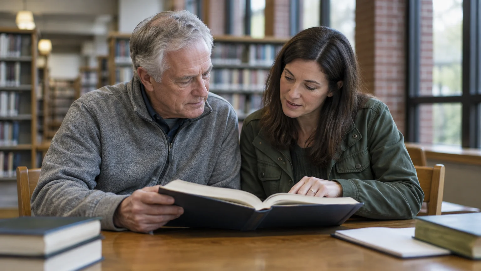 A mature man and a woman sit at a library wooden table reading an open book together amidst bookshelves.