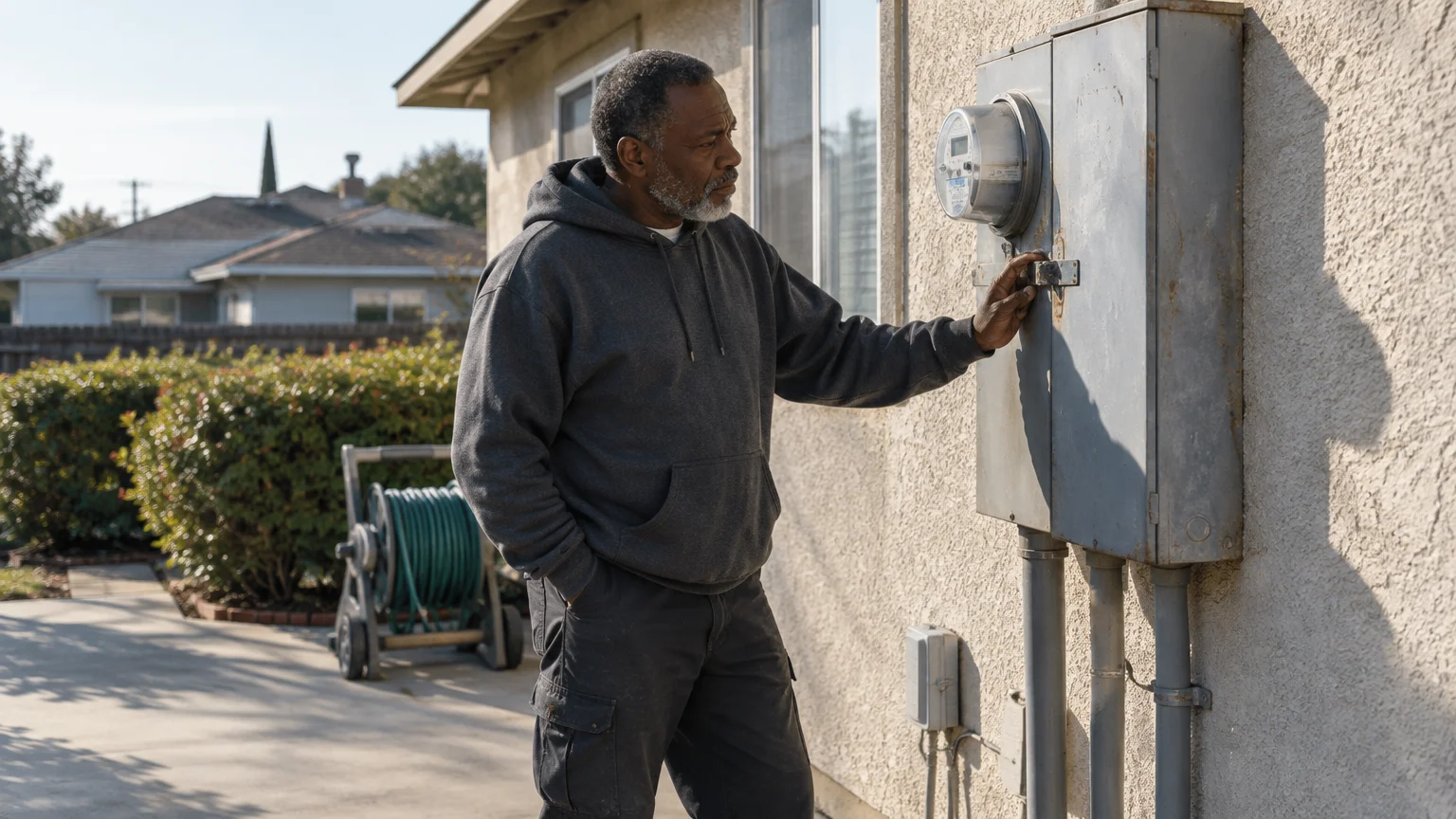 An older man with a gray beard inspects an outdoor electrical panel and meter mounted on an exterior wall.