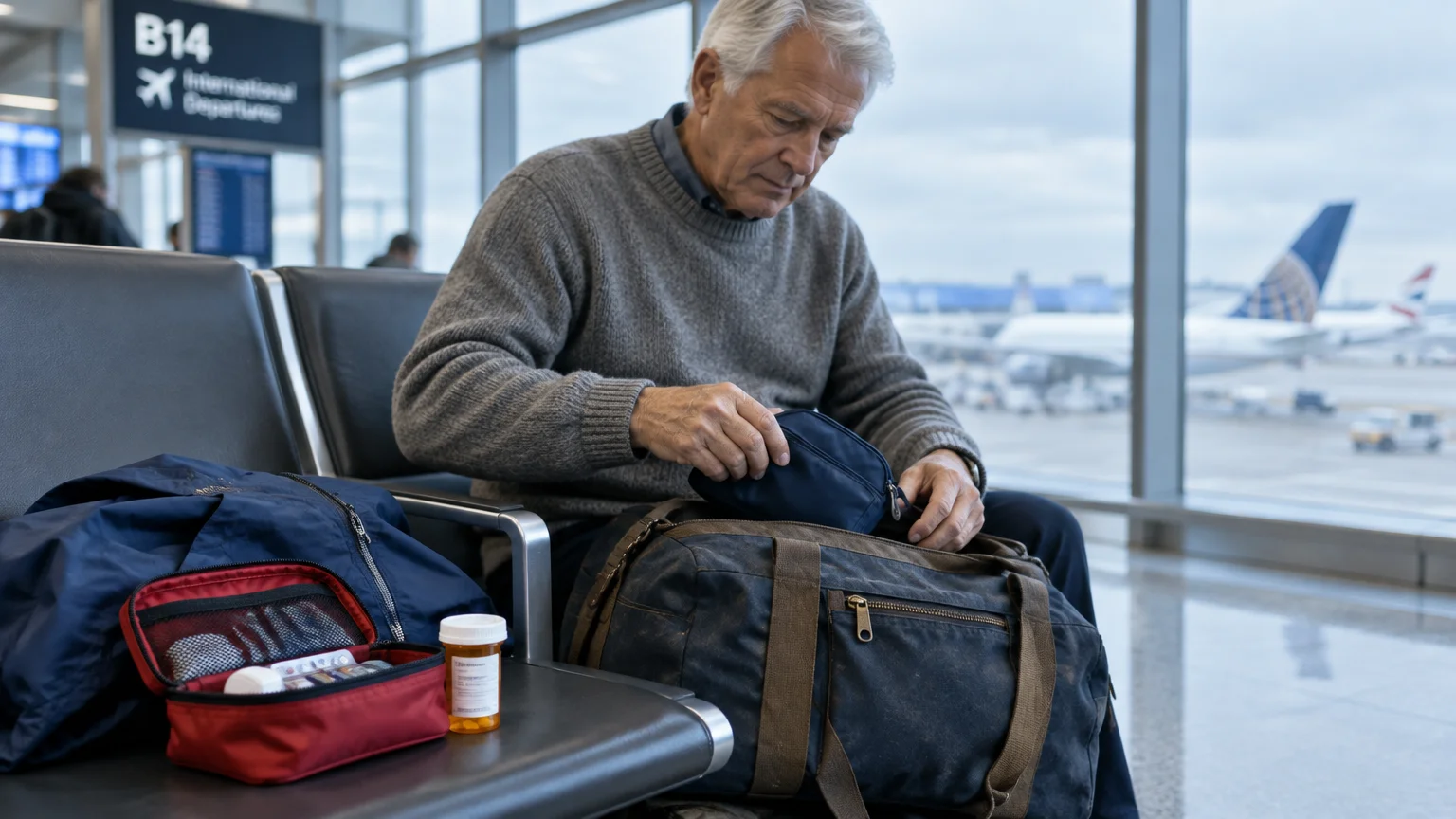 Senior man sitting at an airport departure gate packing a travel bag next to a pill bottle and open medicine kit.
