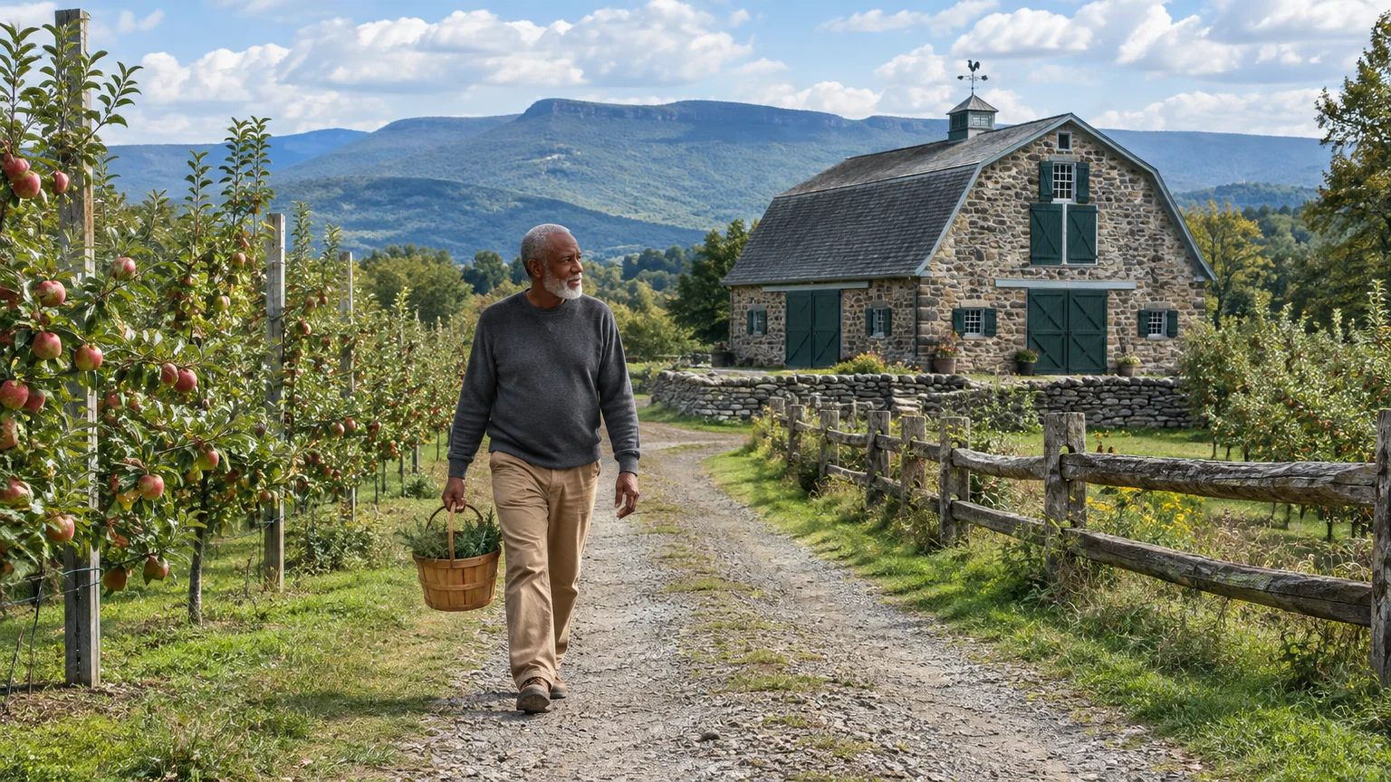 Senior man carrying a basket walks along a gravel path between an apple orchard and a stone barn.