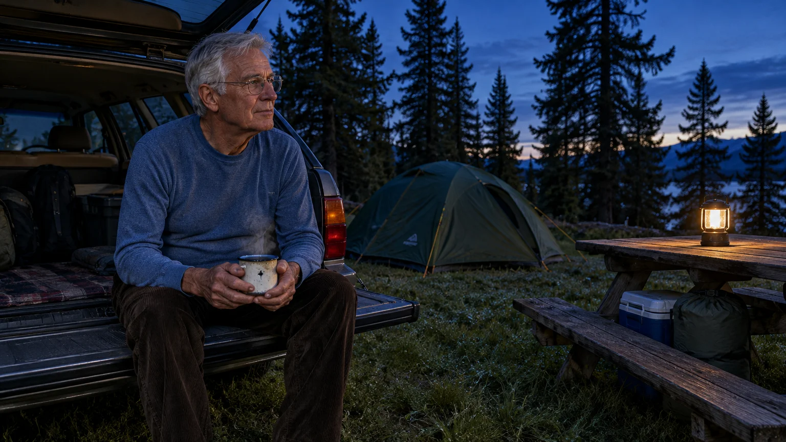 Older man sits on a car tailgate holding a mug at dusk next to a tent, picnic table, and lantern in the woods.
