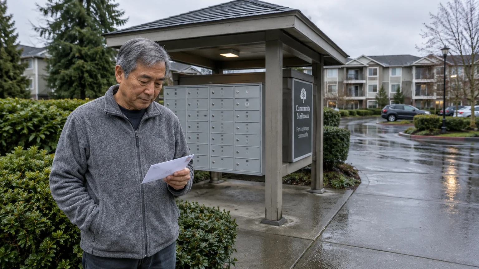 An older Asian man stands on wet pavement reading a letter beside a covered bank of community mailboxes.