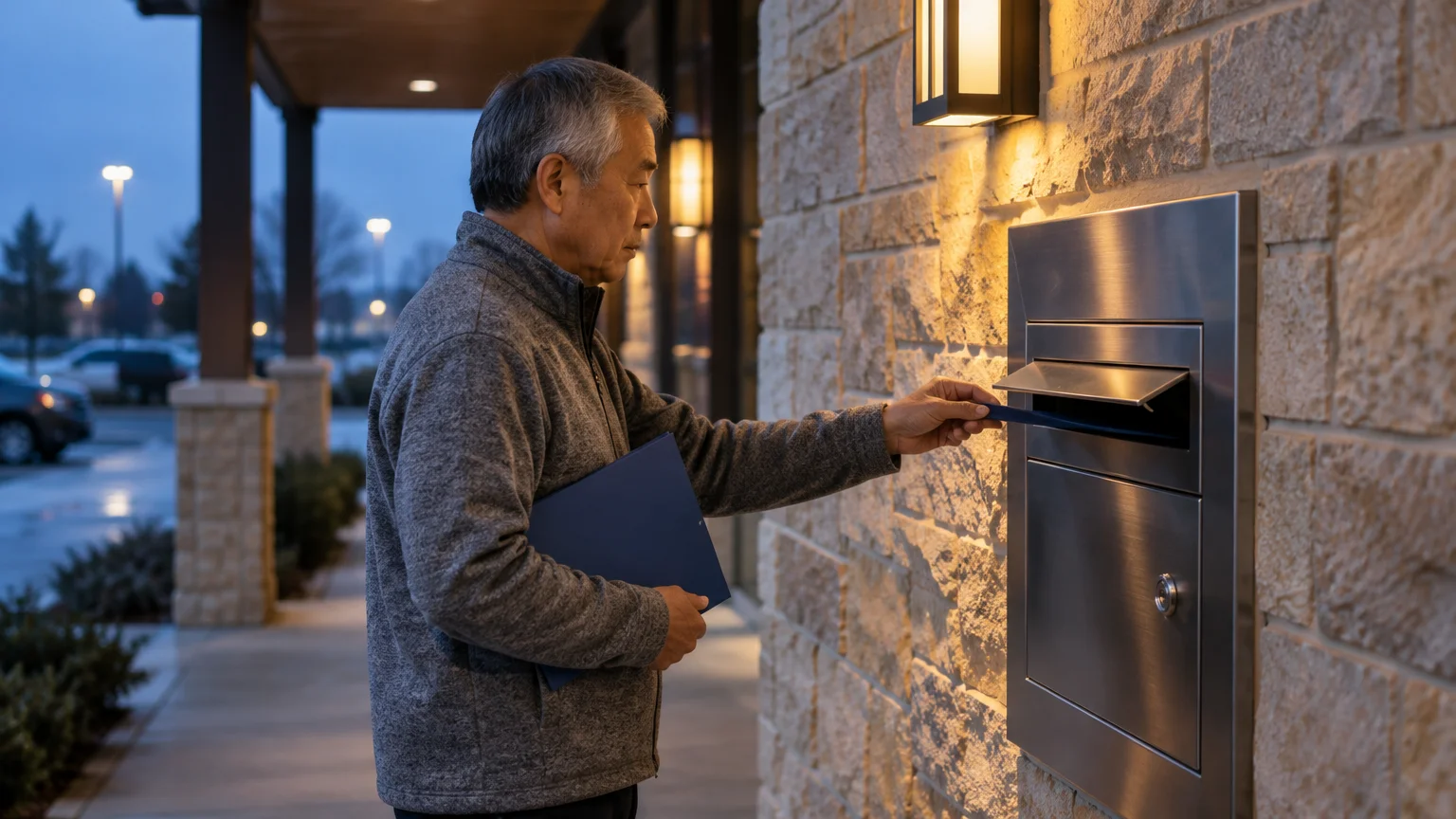 A man standing outdoors at dusk slipping a blue document into a stainless steel wall drop box on a stone facade.