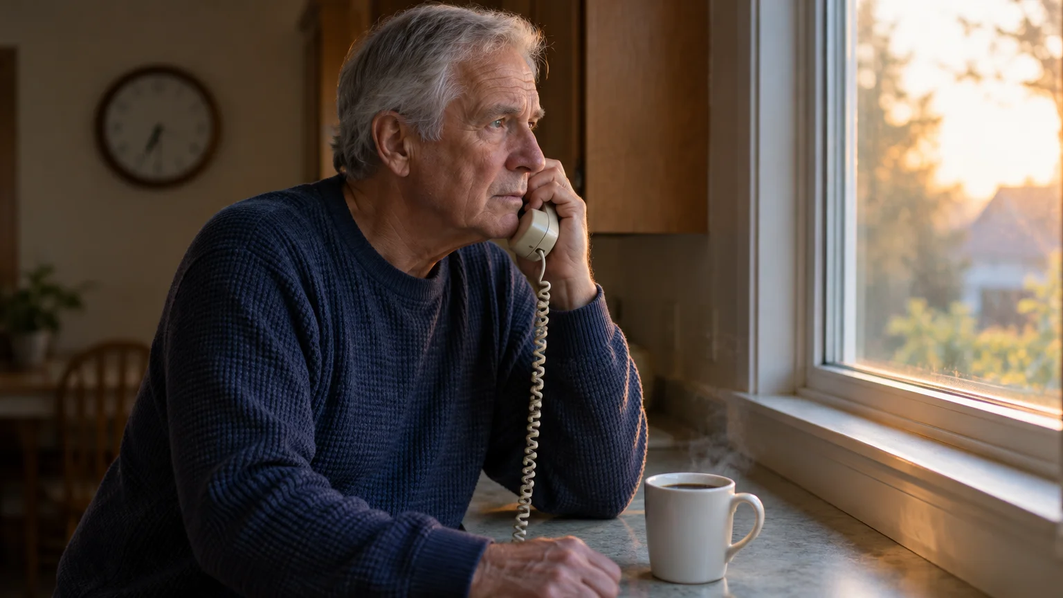 Senior man talking on a corded telephone by a kitchen window next to a steaming mug of coffee.