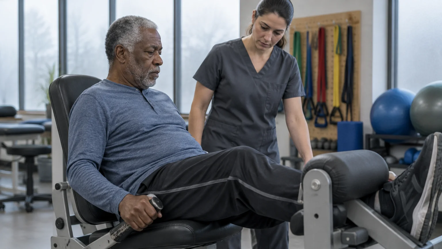 Senior man performs leg extensions on a rehabilitation machine while a physical therapist in scrubs assists him.