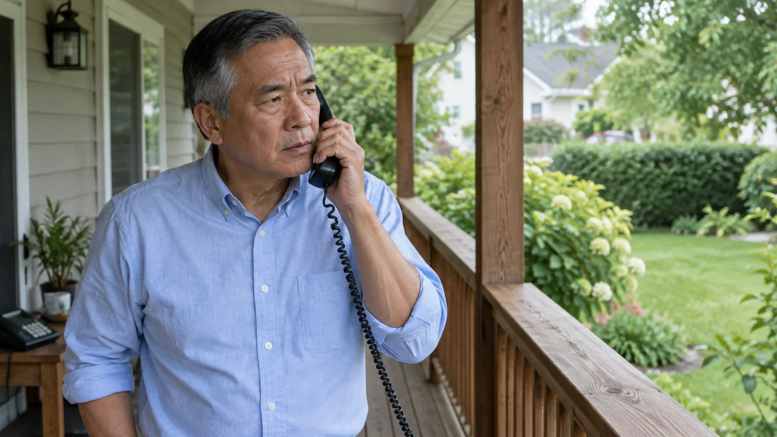 Man in a light blue shirt talks on a corded telephone while standing on a wooden porch overlooking a garden.