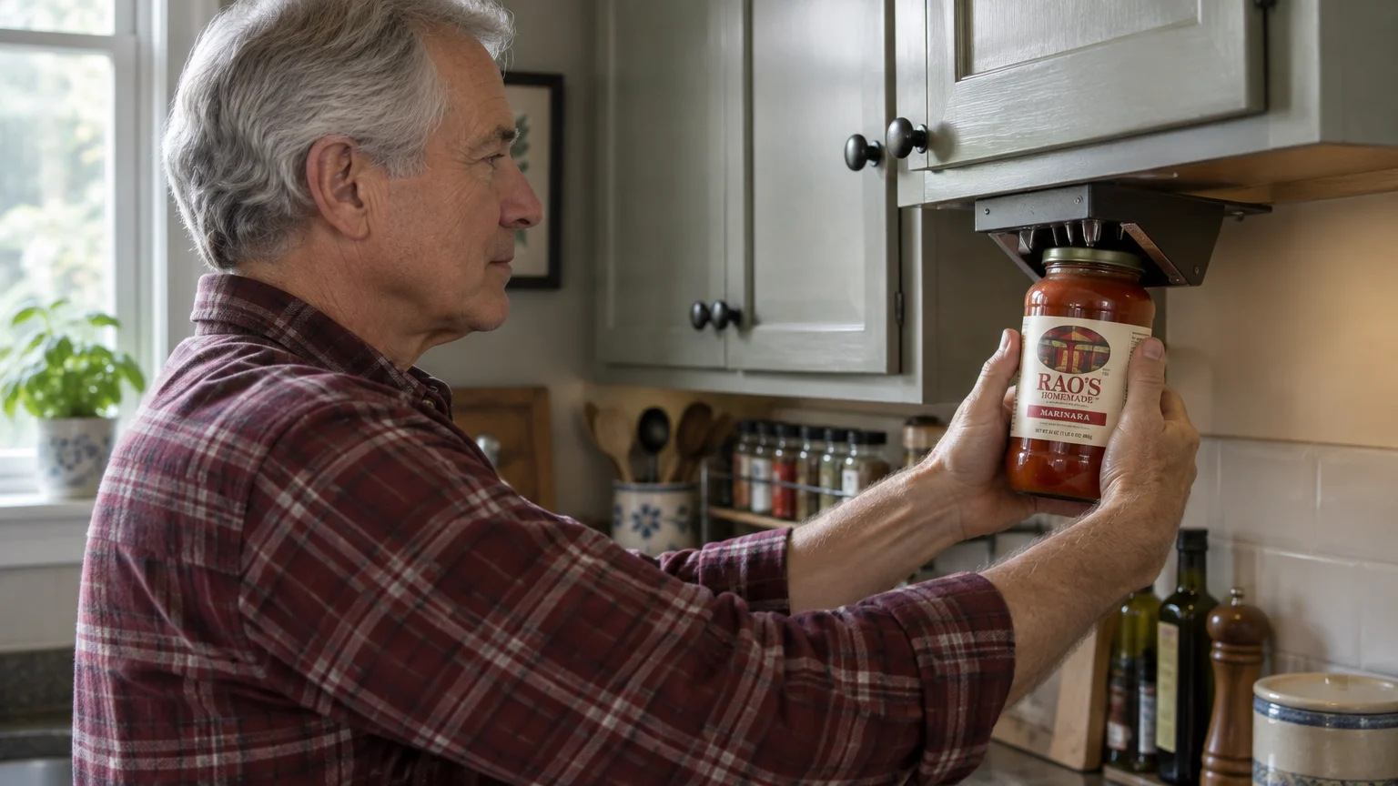 A senior man in a plaid shirt uses an under-cabinet jar opener to twist open a jar of Rao's marinara sauce.