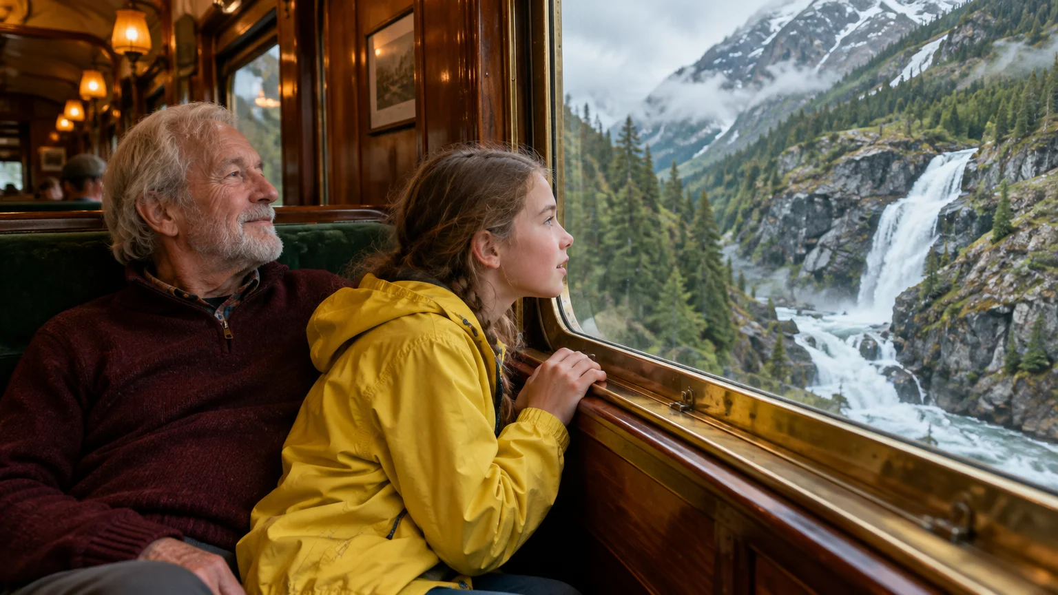 An older man and a young girl look out a train window at a dramatic waterfall cascading down a forested mountain.