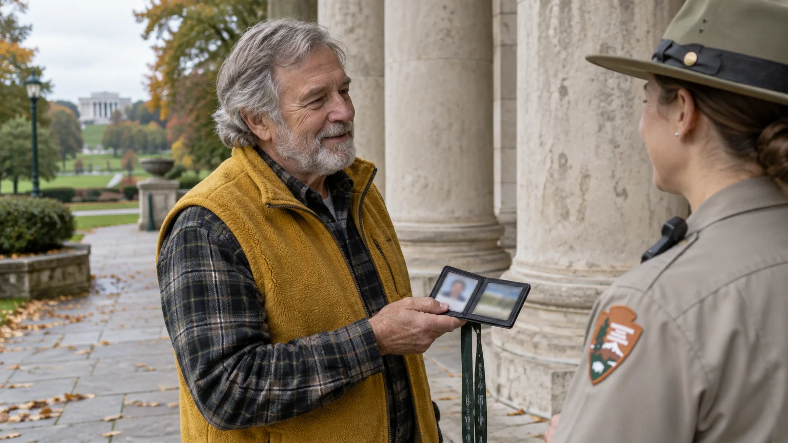 A senior man shows an ID badge to a female National Park Service ranger outside a building with stone pillars.