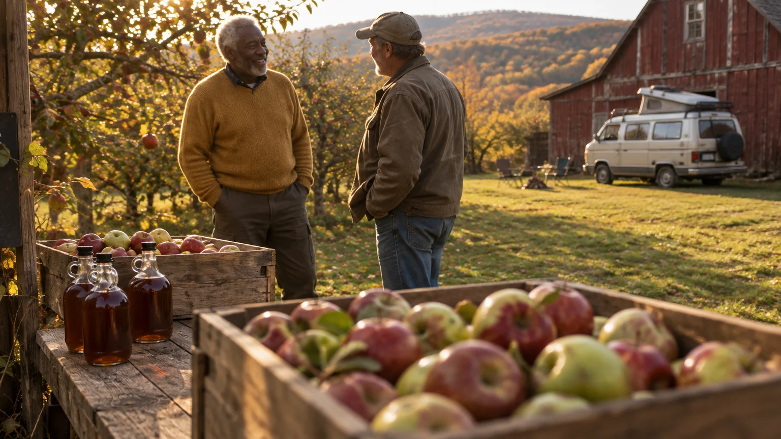 Two men talk in an apple orchard with crates of apples and cider jugs, while a campervan sits parked by a red barn.