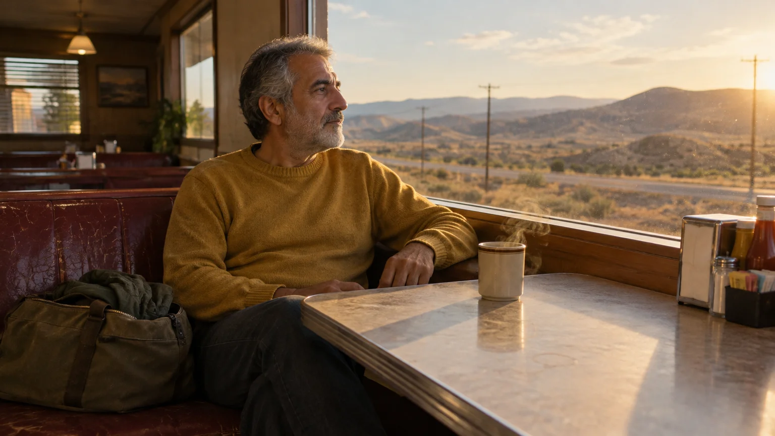 Mature man in a yellow sweater sits in a roadside diner booth looking out the window at a desert landscape.
