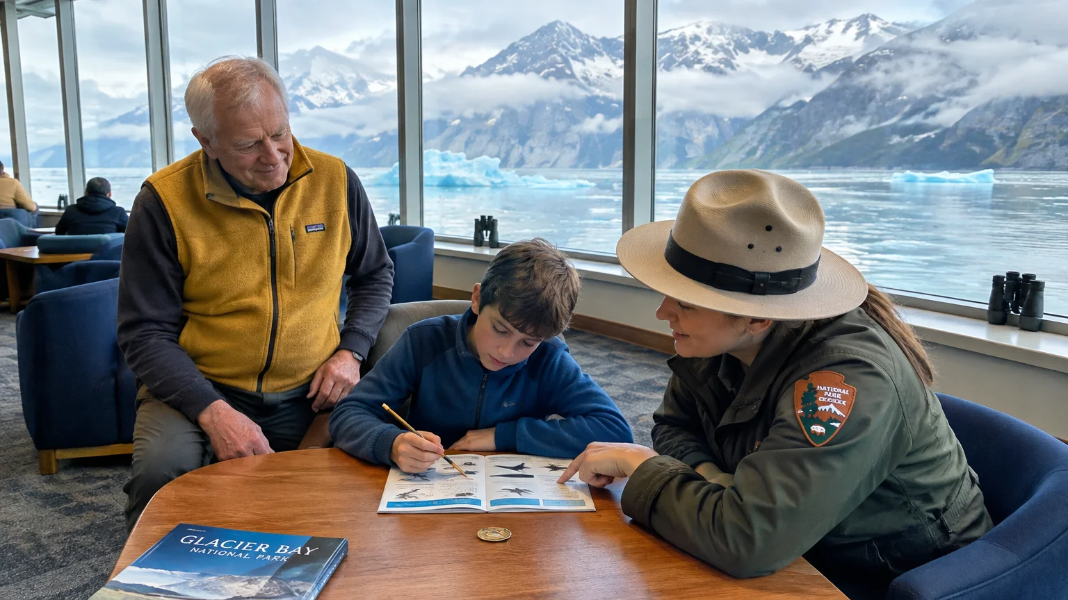 A park ranger in uniform reviews an activity book with a young boy and an older man inside a cruise observation lounge.