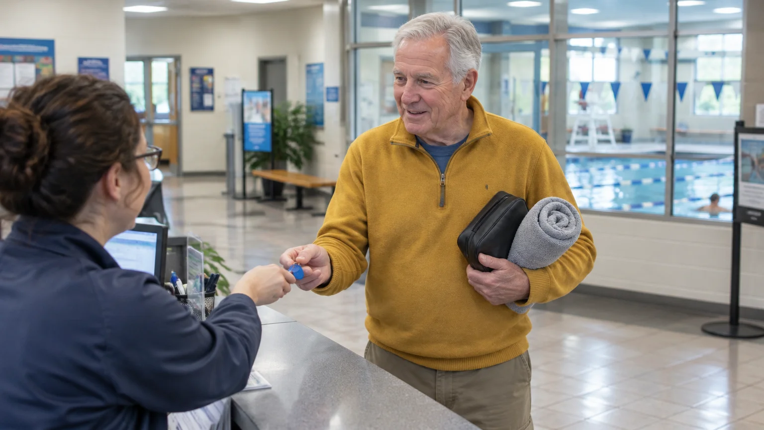 An older man holding a towel and toiletry bag receives a key from a receptionist in front of an indoor pool.