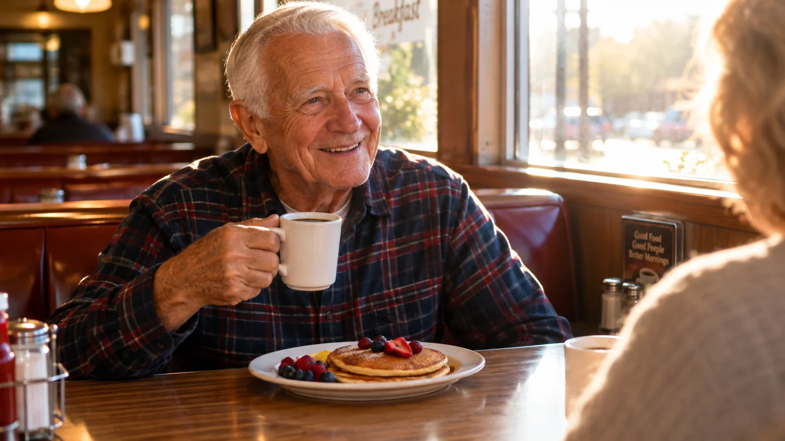 Smiling senior man holding a coffee mug at a diner booth with pancakes on the table.