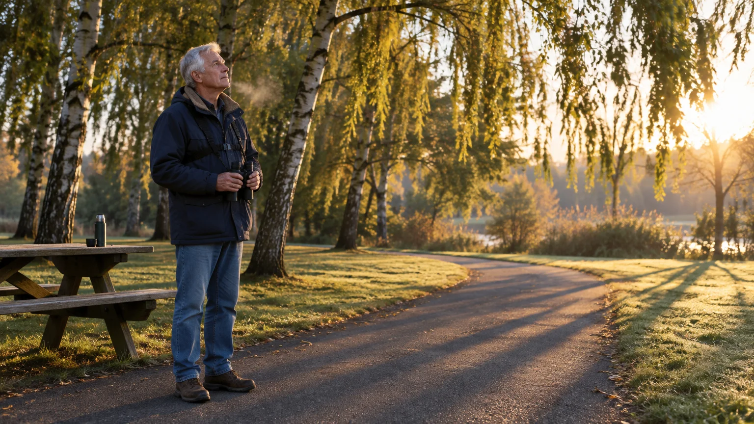 A senior man holding binoculars stands along a paved park path beside birch trees and a picnic table at sunrise.
