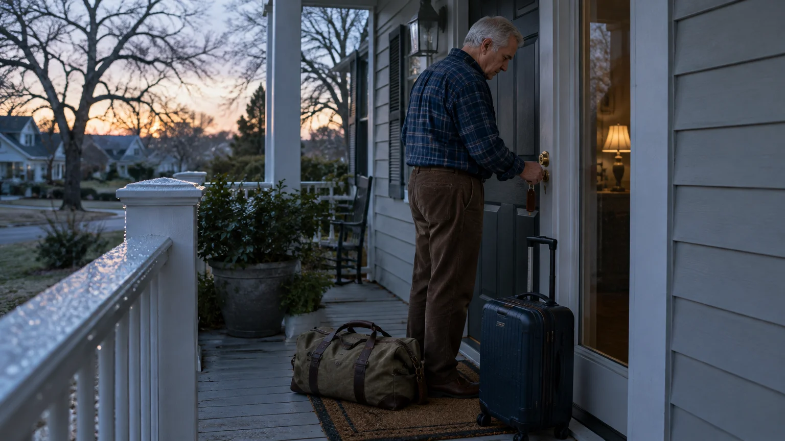 A senior man locks the front door of a suburban house with a rolling suitcase and duffel bag on the porch.