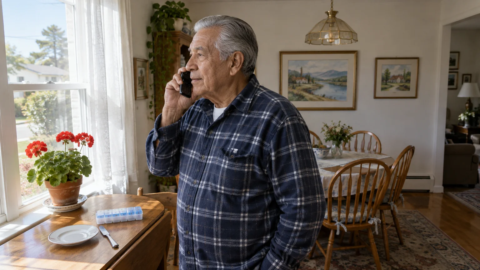 An older man in a blue plaid shirt talks on a cell phone while looking out a window in a dining room.