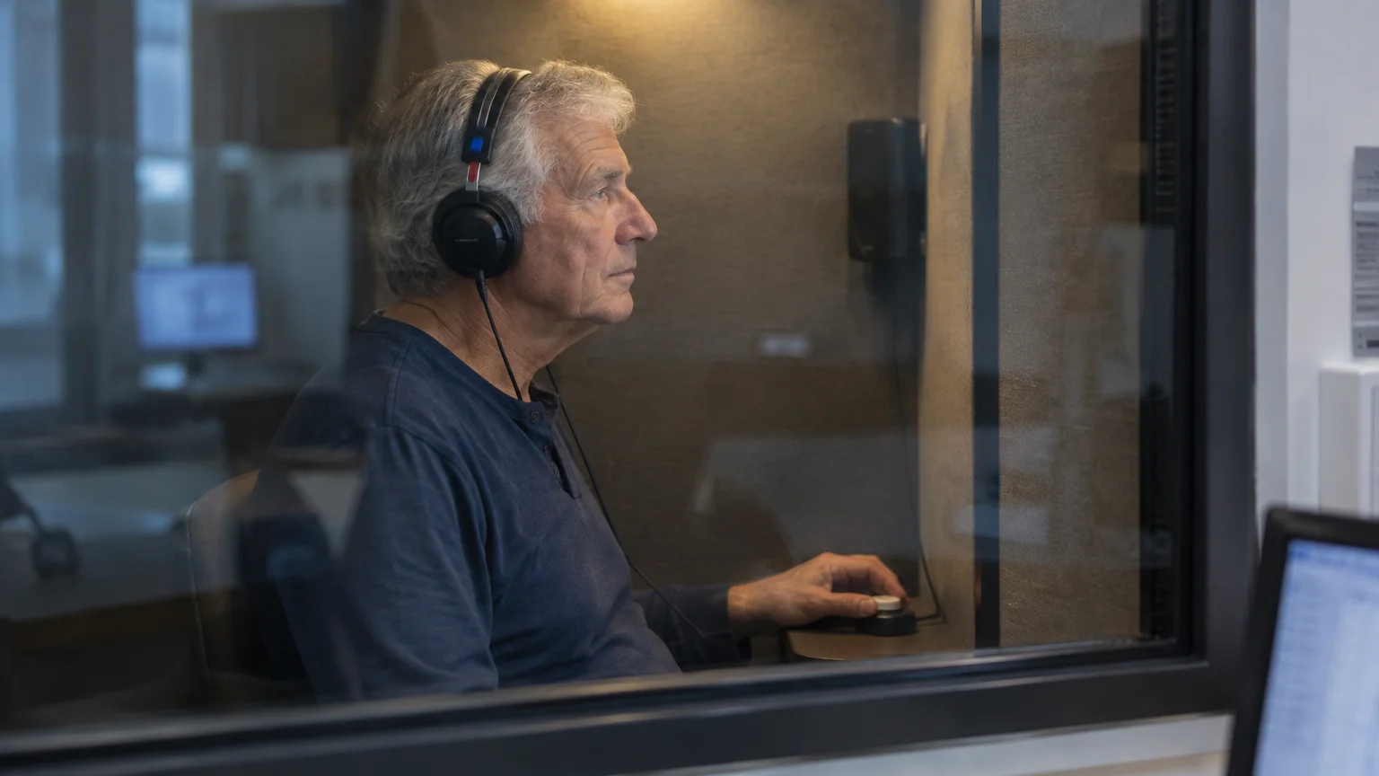 A senior man with grey hair wearing headphones sits inside a soundproof testing booth holding a response button.
