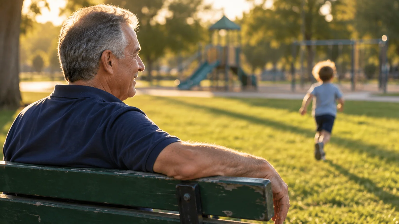 Older man sitting on a park bench watching a young child run across the grass toward a playground.
