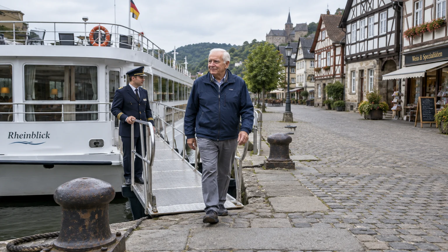 A senior man walks down a ship's gangway onto a cobblestone street lined with historic half-timbered buildings.