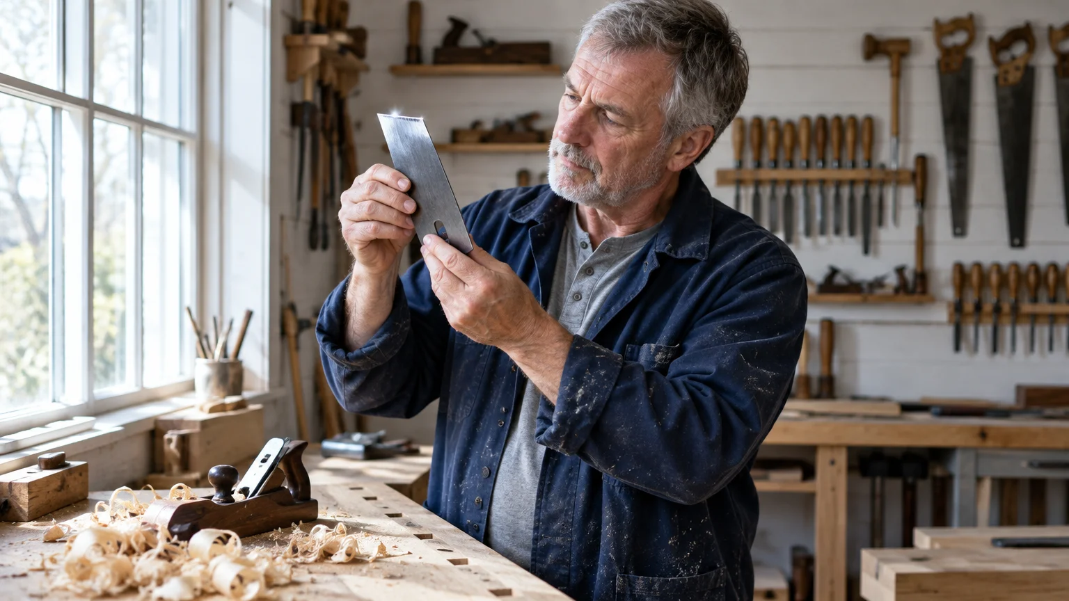 A bearded carpenter inspects a metal hand plane blade inside a sunlit woodworking shop.